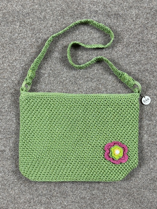 The Sak Handbags - The Sak Green Crochet Crossbody Shoulder Bag Zip Closure Removable Flower Pin